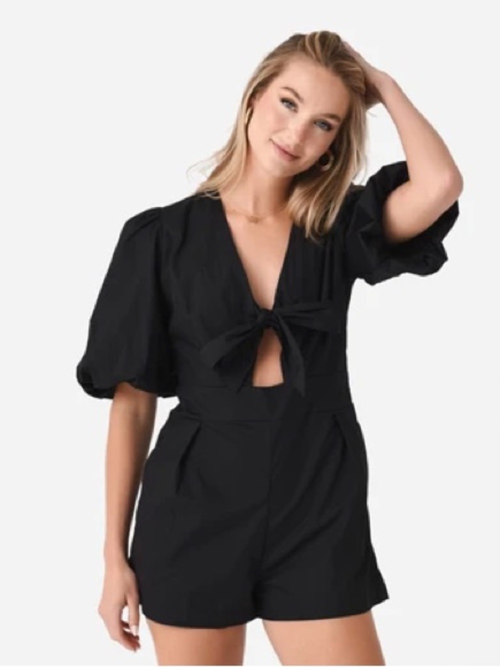 Deluc Sexy Black Puff-Sleeve Deep V-neck Romper
